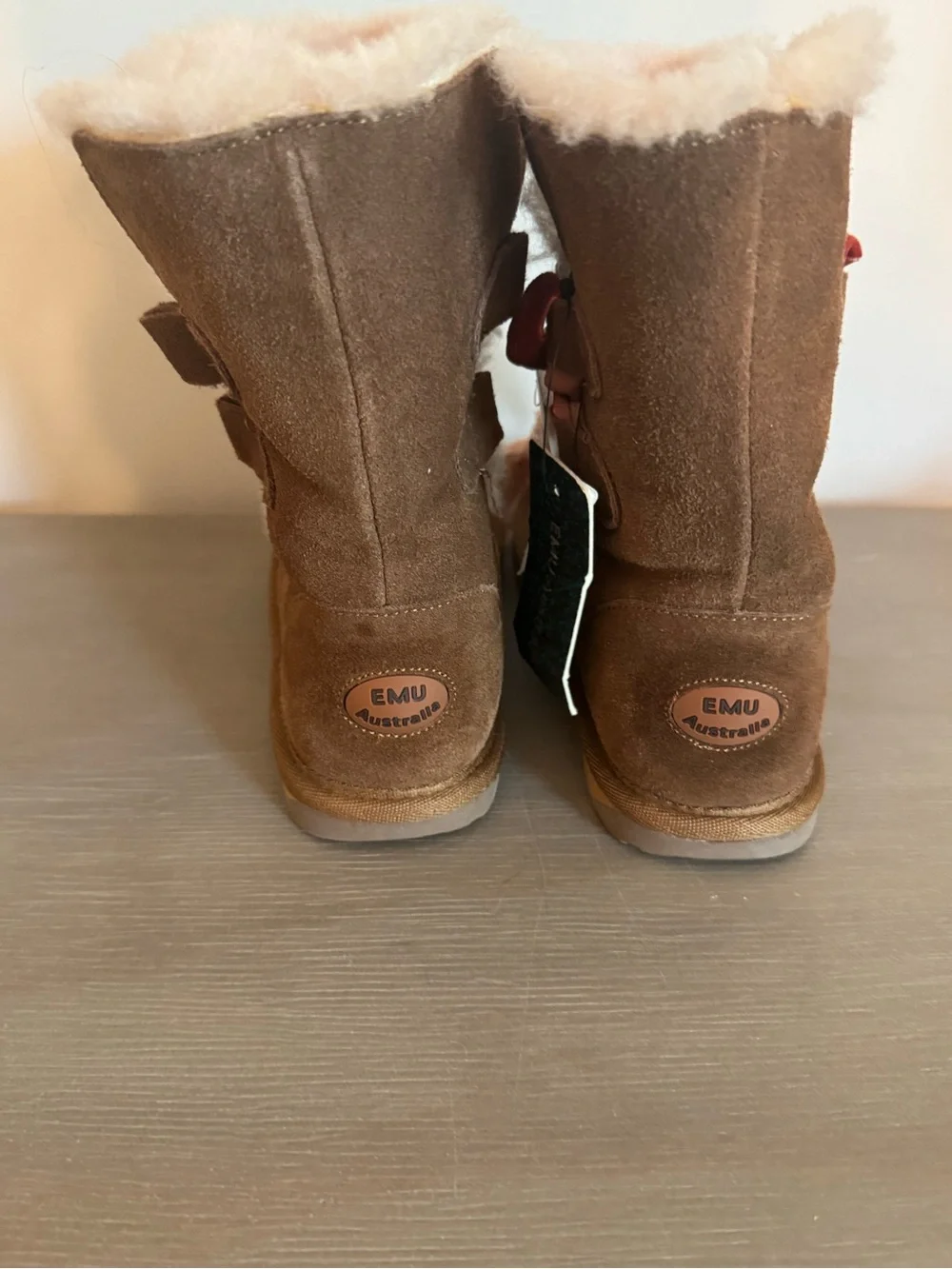 Emu Kids Brown Suede Winter Boots with Pink Ribbon Laces